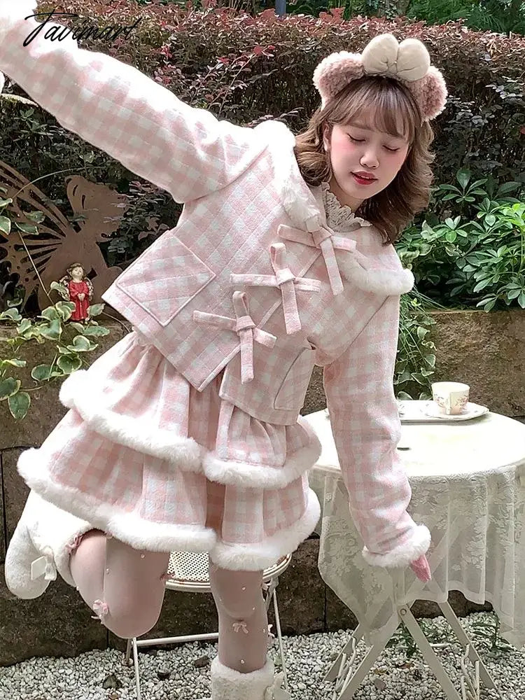 Women Winter New Fashion Japanese Style Sweet Faux Fur Coat +Ruffles Plaid Mini Skirts 2 Pieces Sets Vintage Thickend Suits