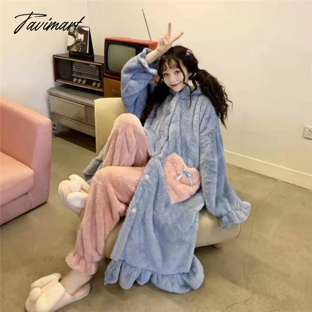 Women Winter Thick Coral Velvet Kawaii Rabbit Ears Nightgowns Pocket Girls Homewear Korean Fashion Femme Sleepshirts Nightdress