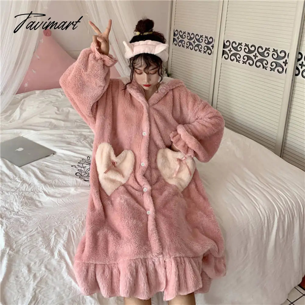 Women Winter Thick Coral Velvet Kawaii Rabbit Ears Nightgowns Pocket Girls Homewear Korean Fashion Femme Sleepshirts Nightdress