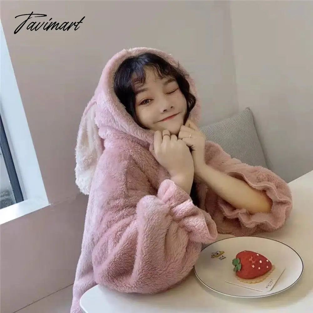 Women Winter Thick Coral Velvet Kawaii Rabbit Ears Nightgowns Pocket Girls Homewear Korean Fashion Femme Sleepshirts Nightdress