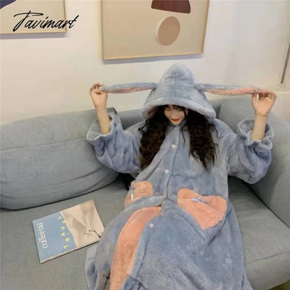 Women Winter Thick Coral Velvet Kawaii Rabbit Ears Nightgowns Pocket Girls Homewear Korean Fashion Femme Sleepshirts Nightdress