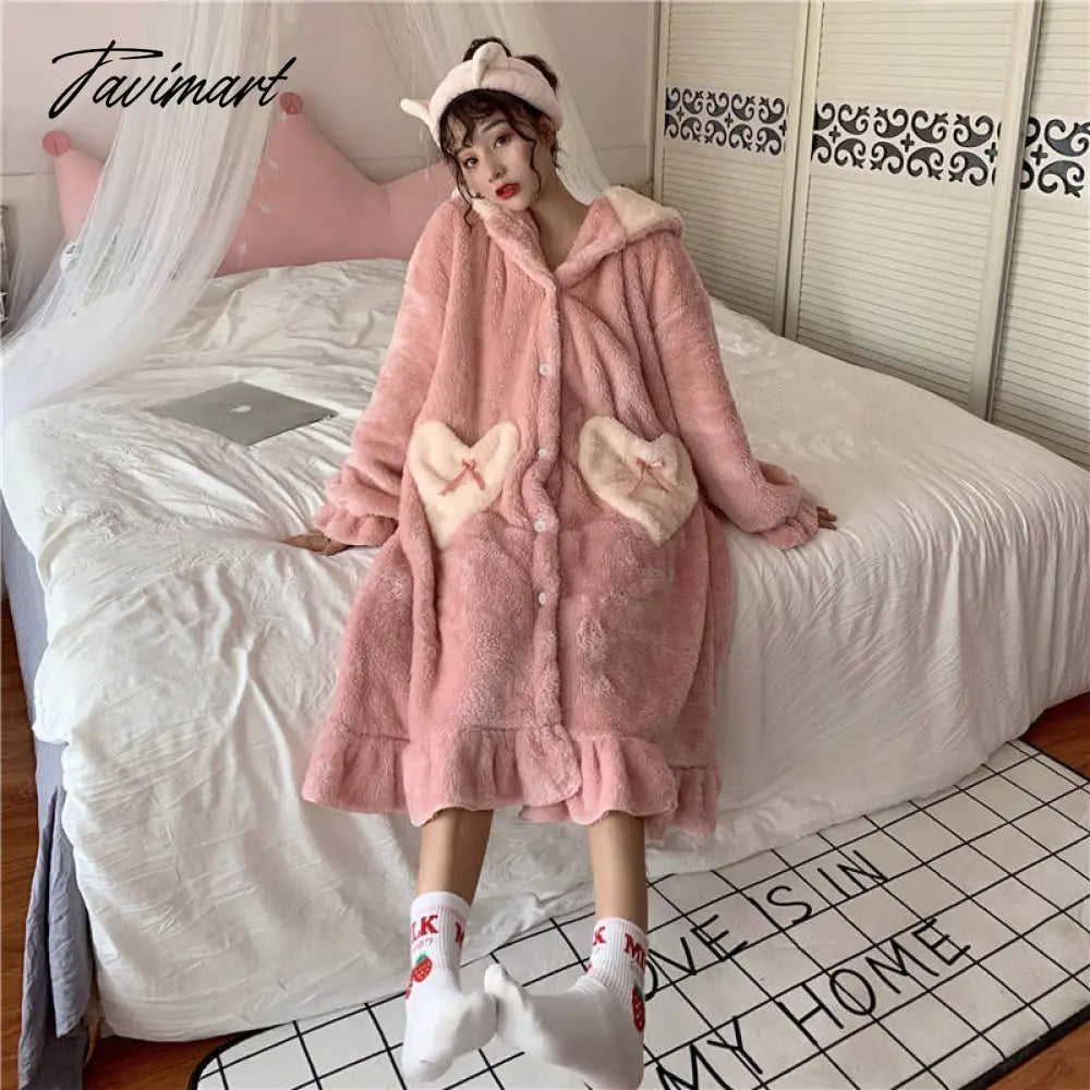 Women Winter Thick Coral Velvet Kawaii Rabbit Ears Nightgowns Pocket Girls Homewear Korean Fashion Femme Sleepshirts Nightdress