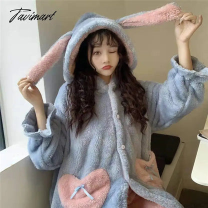 Women Winter Thick Coral Velvet Kawaii Rabbit Ears Nightgowns Pocket Girls Homewear Korean Fashion Femme Sleepshirts Nightdress