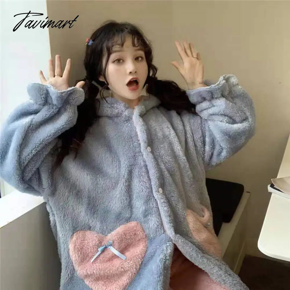 Women Winter Thick Coral Velvet Kawaii Rabbit Ears Nightgowns Pocket Girls Homewear Korean Fashion Femme Sleepshirts Nightdress