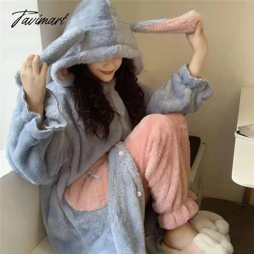 Women Winter Thick Coral Velvet Kawaii Rabbit Ears Nightgowns Pocket Girls Homewear Korean Fashion Femme Sleepshirts Nightdress