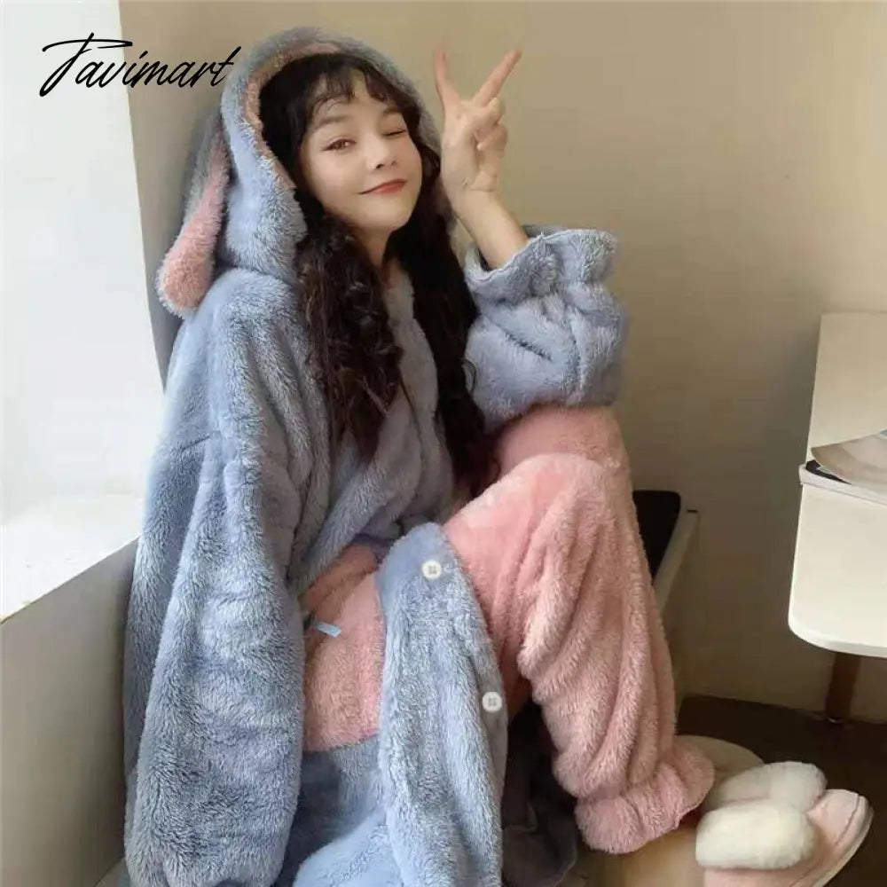 Women Winter Thick Coral Velvet Kawaii Rabbit Ears Nightgowns Pocket Girls Homewear Korean Fashion Femme Sleepshirts Nightdress