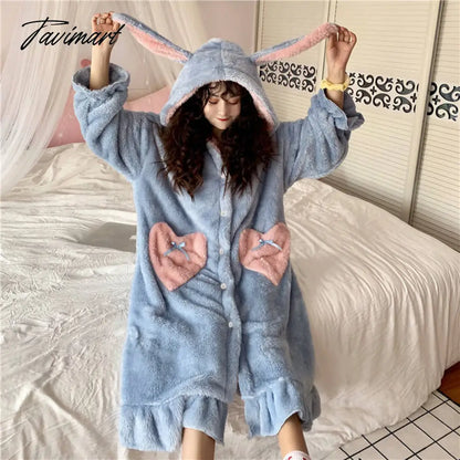 Women Winter Thick Coral Velvet Kawaii Rabbit Ears Nightgowns Pocket Girls Homewear Korean Fashion Femme Sleepshirts Nightdress