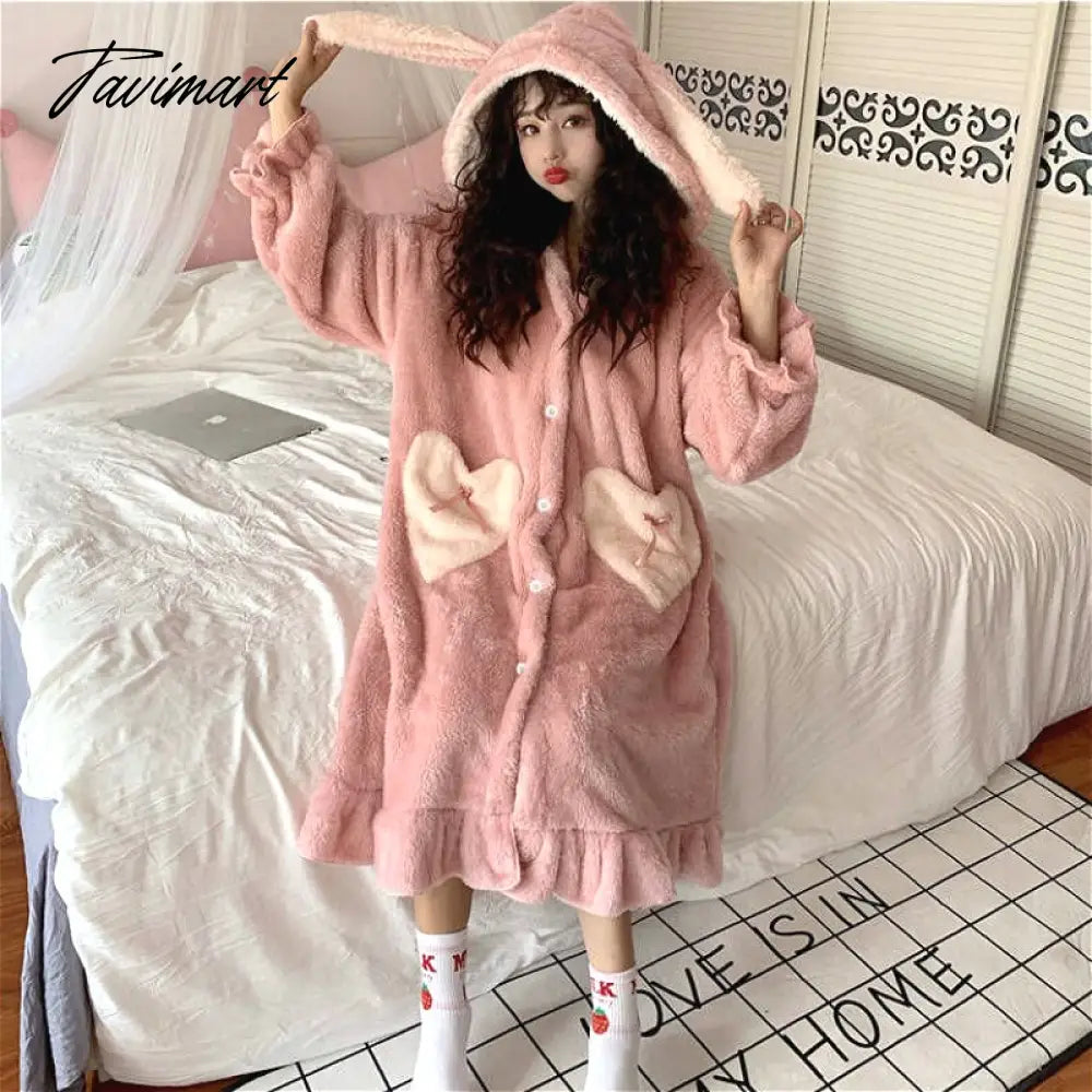Women Winter Thick Coral Velvet Kawaii Rabbit Ears Nightgowns Pocket Girls Homewear Korean Fashion Femme Sleepshirts Nightdress