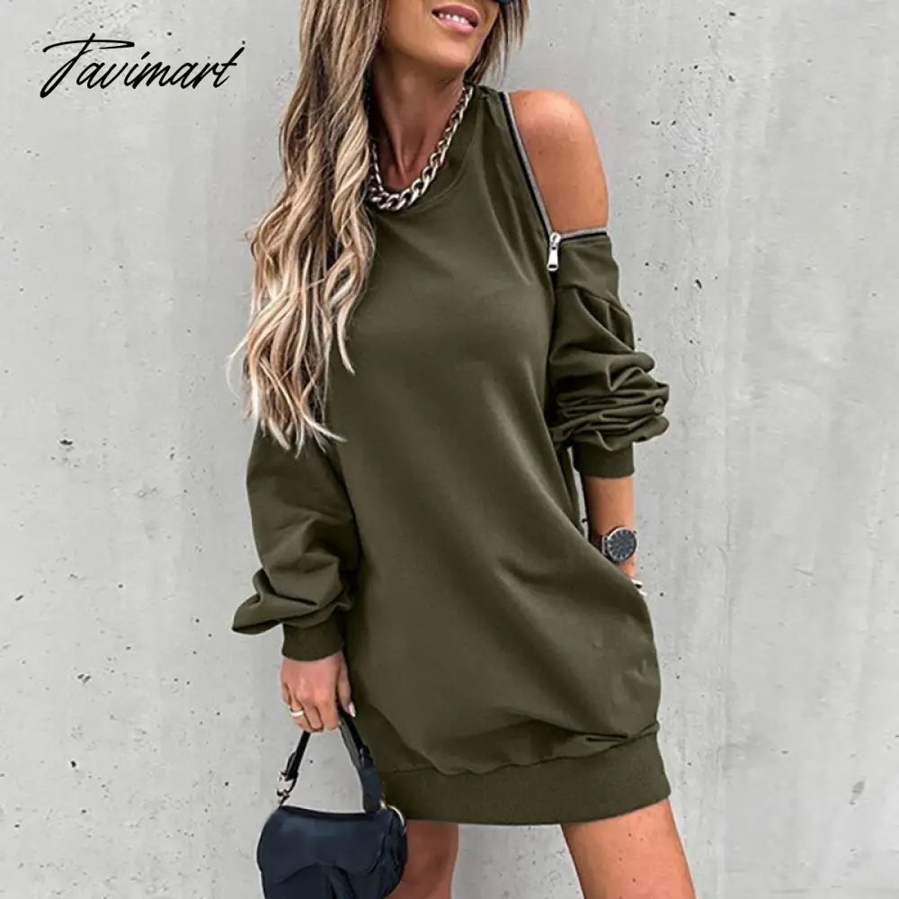 Women Zip Hollow Out Off Shoulder Dress Patchwork Lady Loose Casual Mini Pocket Dress Round Neck Long Sleeve Spring Autumn Dress