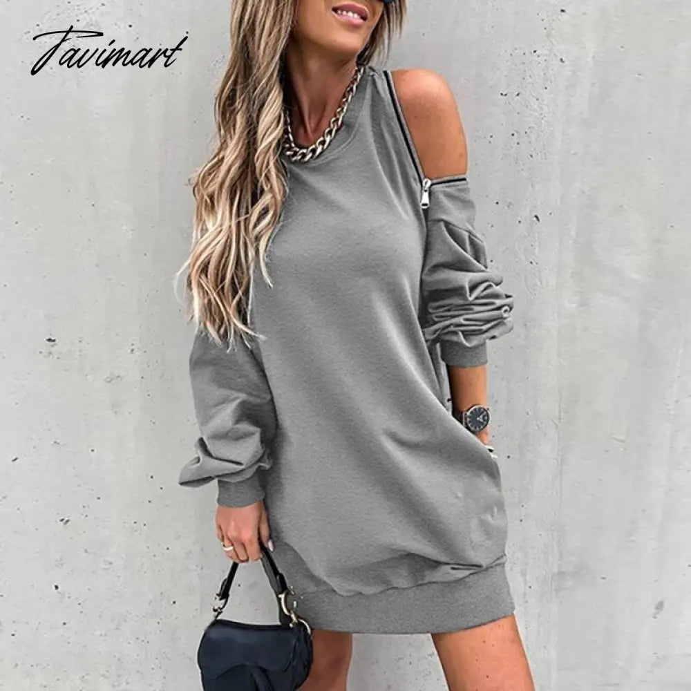 Women Zip Hollow Out Off Shoulder Dress Patchwork Lady Loose Casual Mini Pocket Dress Round Neck Long Sleeve Spring Autumn Dress