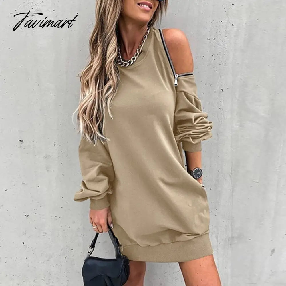 Women Zip Hollow Out Off Shoulder Dress Patchwork Lady Loose Casual Mini Pocket Dress Round Neck Long Sleeve Spring Autumn Dress