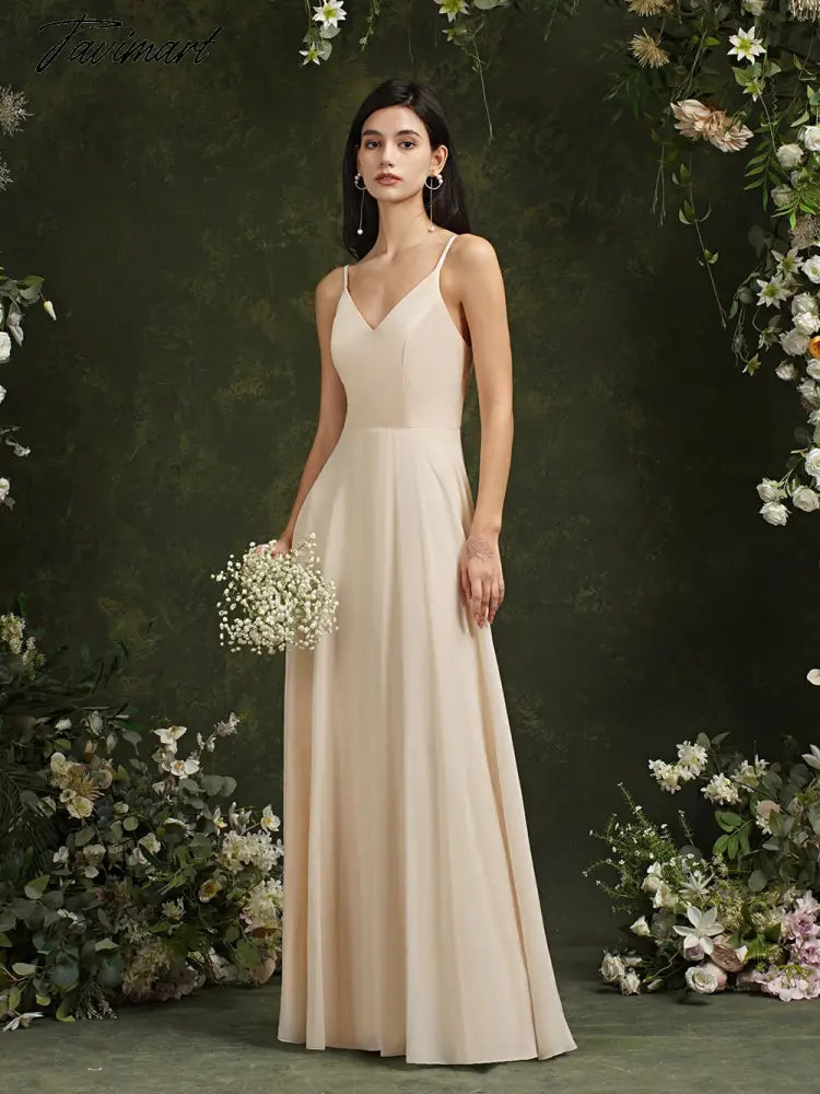 Womens Bridesmaid Dress Long Summer V Neck Backless A Line Sleeveless Wedding Party Gown Dusty Rose Spaghetti Strap Robe Mariage