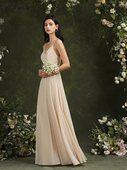 Womens Bridesmaid Dress Long Summer V Neck Backless A Line Sleeveless Wedding Party Gown Dusty Rose Spaghetti Strap Robe Mariage