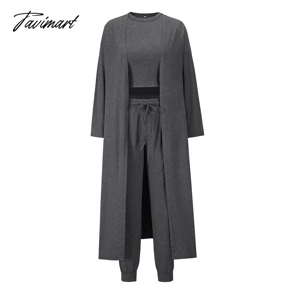 Womens Pajamas Set Fall Winter 3 Piece Loungewear Set Crop Vest Top Loose Pants and Cardigan Knitwear Lounge Set