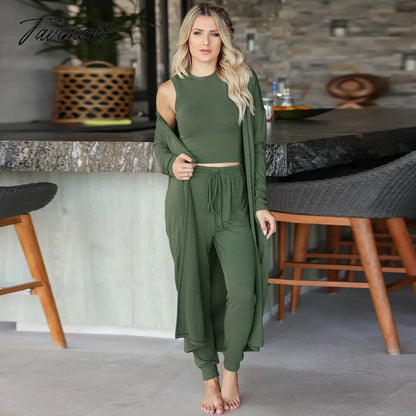 Womens Pajamas Set Fall Winter 3 Piece Loungewear Set Crop Vest Top Loose Pants and Cardigan Knitwear Lounge Set