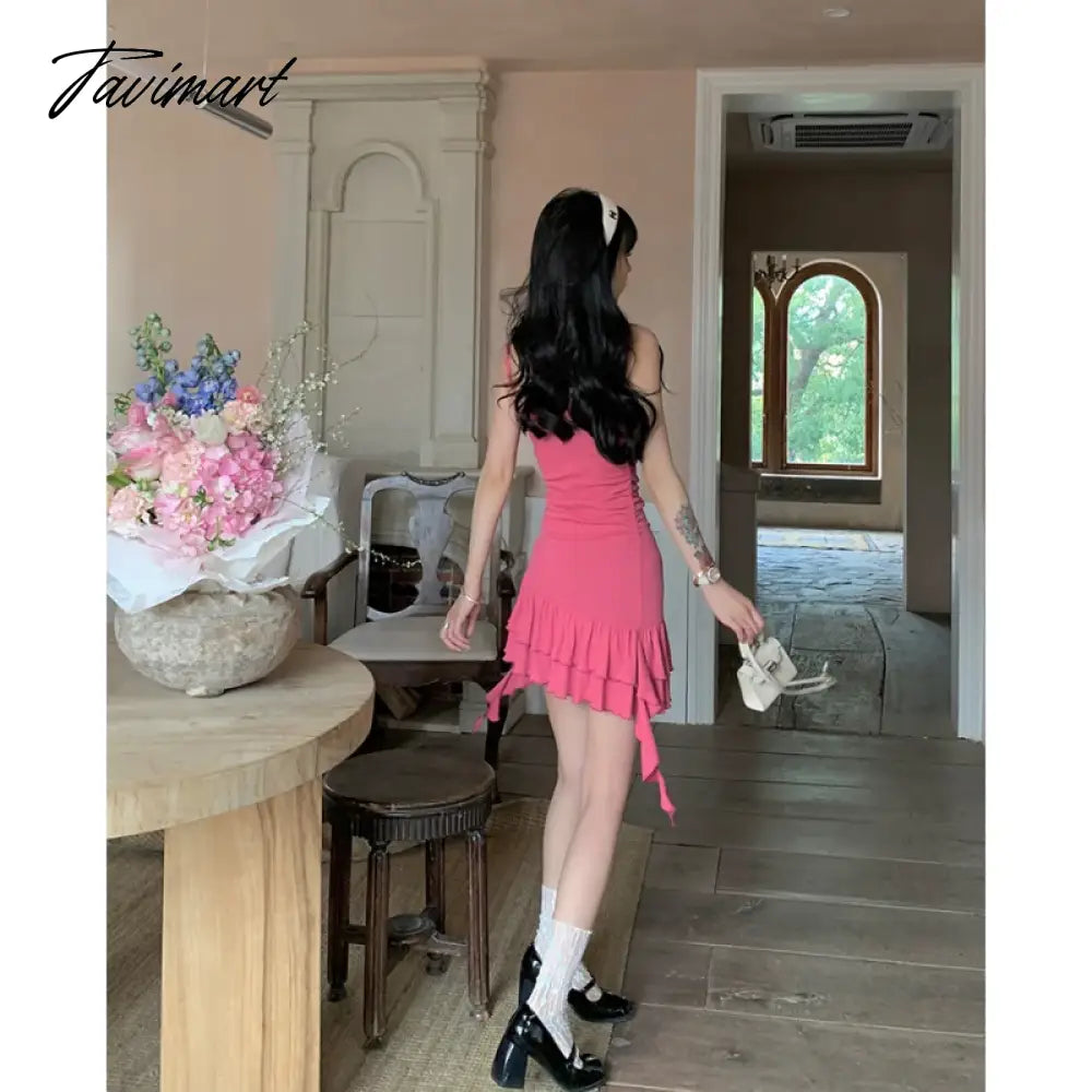 Womens Pink Dress Sling Sleeveless Ruffles Sexy America Fashion Temperament Minimalist Female Summer NEW Solid Miniskirt