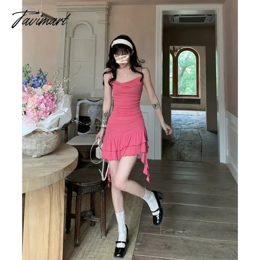 Womens Pink Dress Sling Sleeveless Ruffles Sexy America Fashion Temperament Minimalist Female Summer NEW Solid Miniskirt