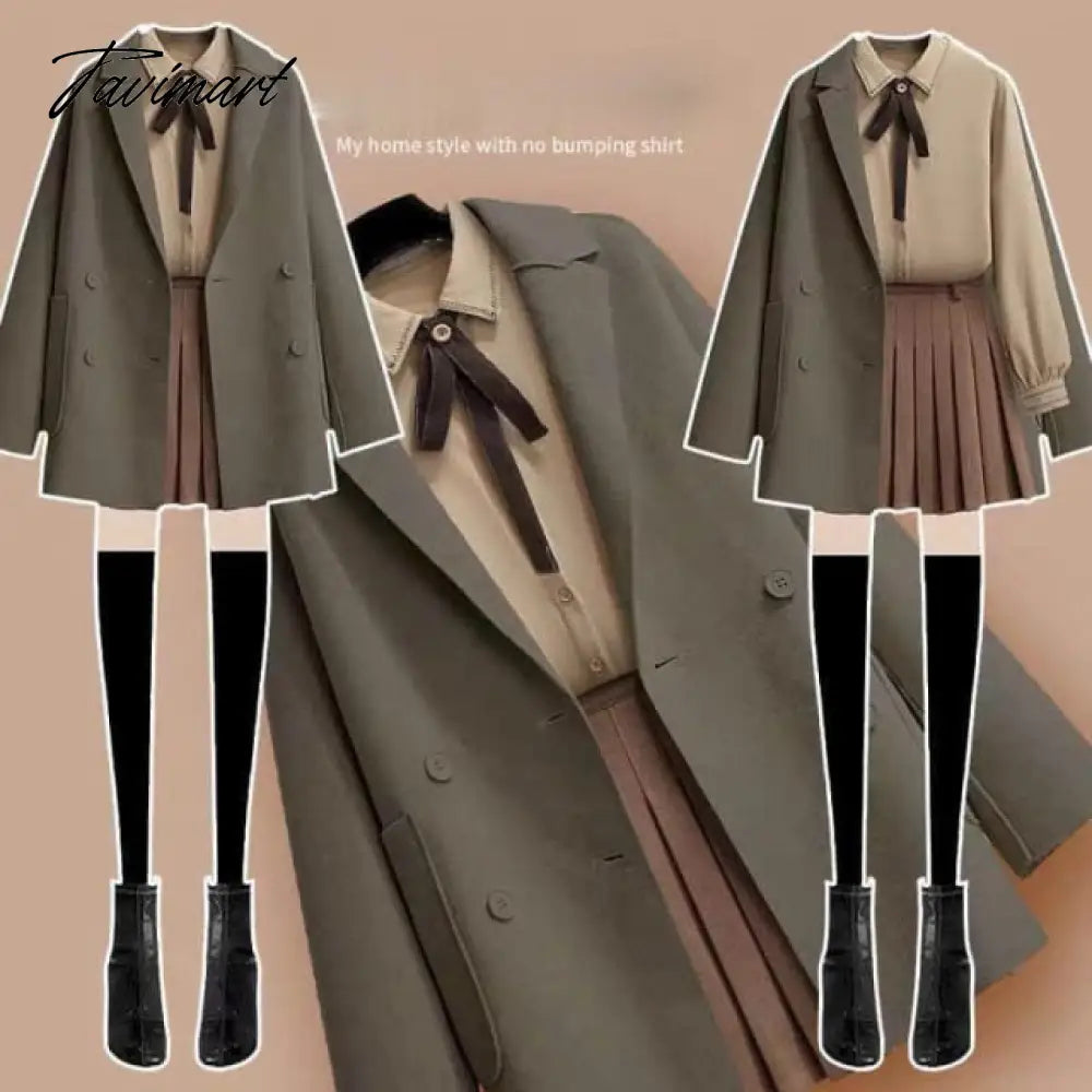 Woolen Coat Three-Piece Jacket Blouse Short Skirt Plus Size Women Streetwear Autumn Winter Suit Female Age Reduction Double-Side