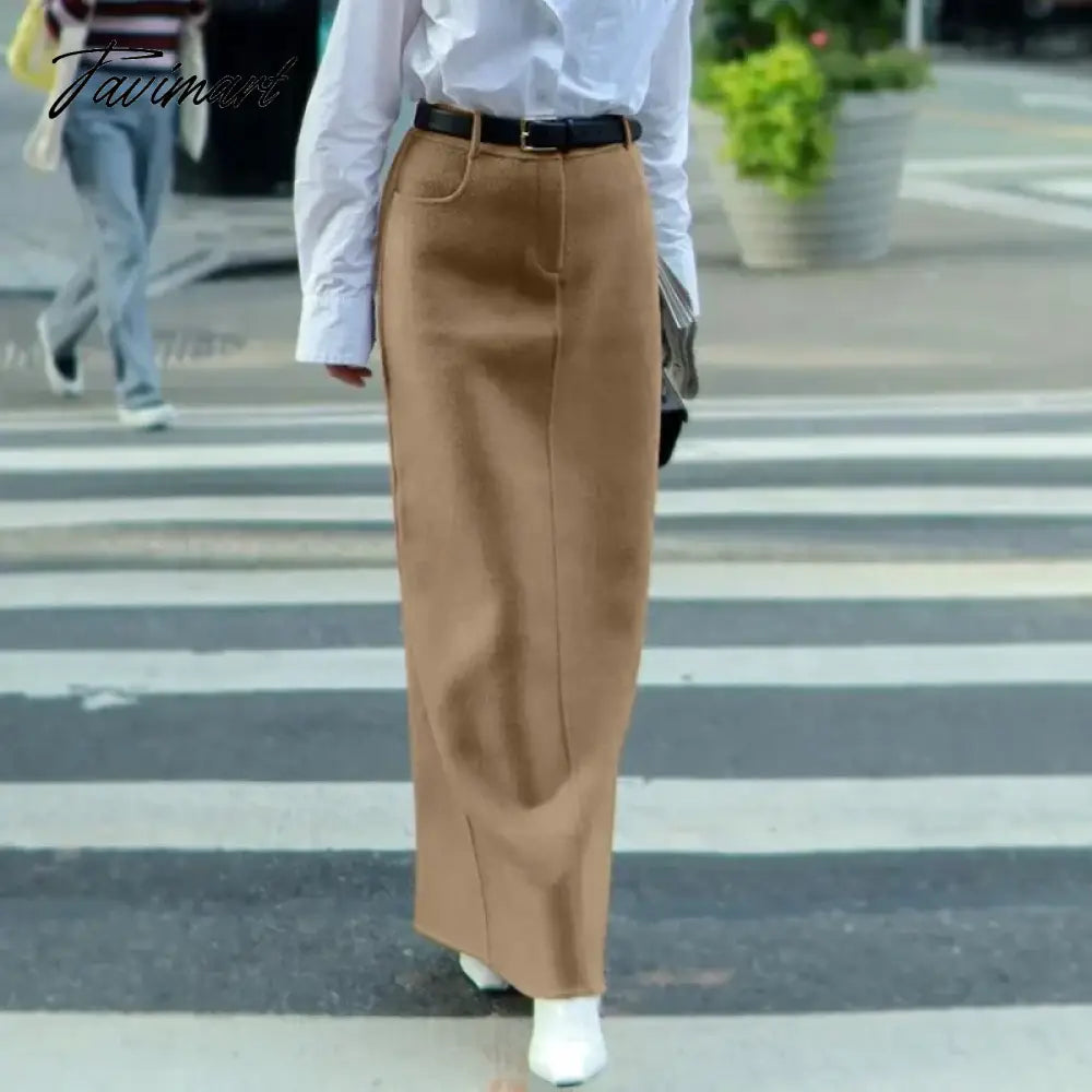 Woolen Long Skirt Women Korean Style High Waist Straight Office Lady Elegant Vintage Warm Midi Skirt with Slit Winter