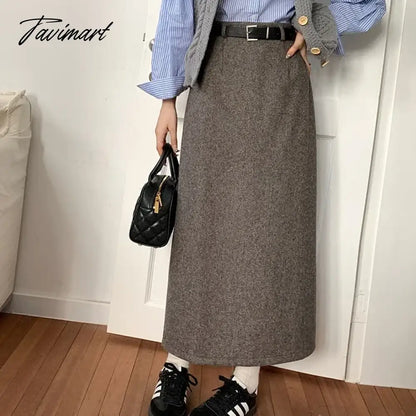 Woolen Long Skirt Women Korean Style High Waist Straight Office Lady Elegant Vintage Warm Midi Skirt with Slit Winter