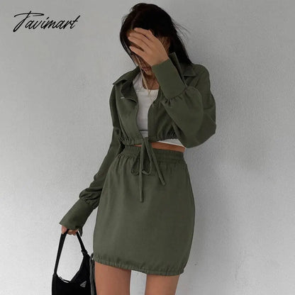 Y2K 2 Piece Skirt And Crop Top Set Women Fall Outfits Solid Color Long Sleeve Fashion Suit Drawstring Ladies Clothes