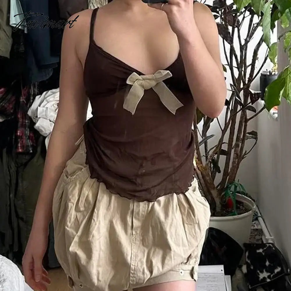 Y2K Cute Bow Mesh See Through Crop Top Summer Backless V Neck Spaghetti Strap Vest 90s Vintage Brown Camisole Women Clothing
