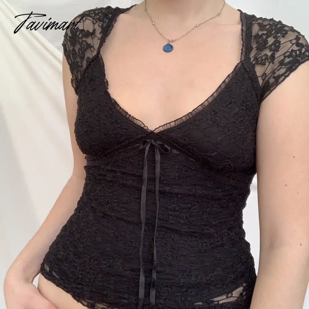 Y2K Fairy Vintage Lace Black T-shirt Cute Bow V Neck Slim Fit Crop Top Retro Aesthetic Grunge Milkmaid Tees Women