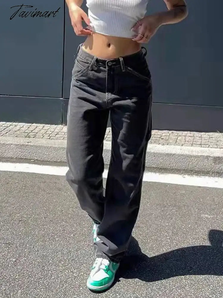 Y2K Gothic Trousers Jeans Black Vintage Clothes Women Jeans Rave Outfits Denim Low Rise Jeans Rave Outfits Pockets Pant
