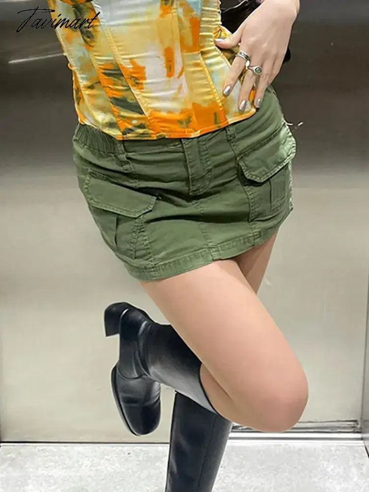 Y2K High Street Cargo Skirts Green Vintage Clothes Women Skirt Glitters Pockets Skirts Rave Outfits Clothing Mujer
