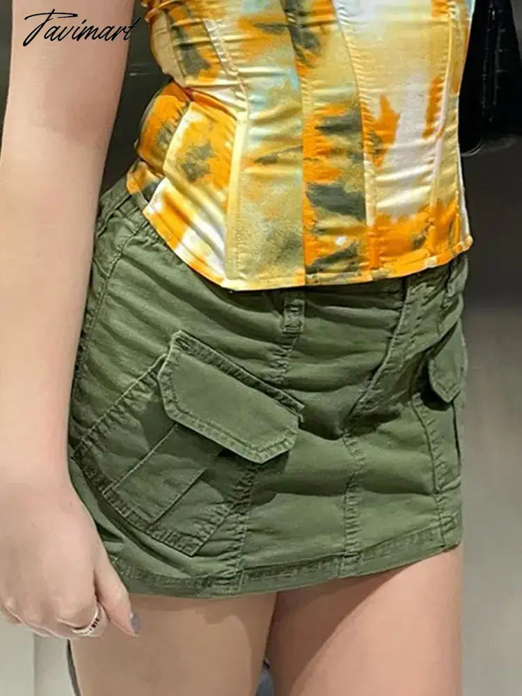 Y2K High Street Cargo Skirts Green Vintage Clothes Women Skirt Glitters Pockets Skirts Rave Outfits Clothing Mujer