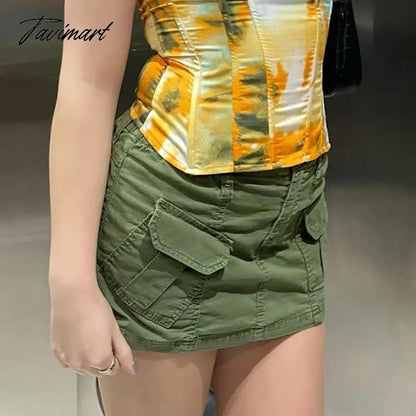 Y2K High Street Cargo Skirts Green Vintage Clothes Women Skirt Glitters Pockets Skirts Rave Outfits Clothing Mujer