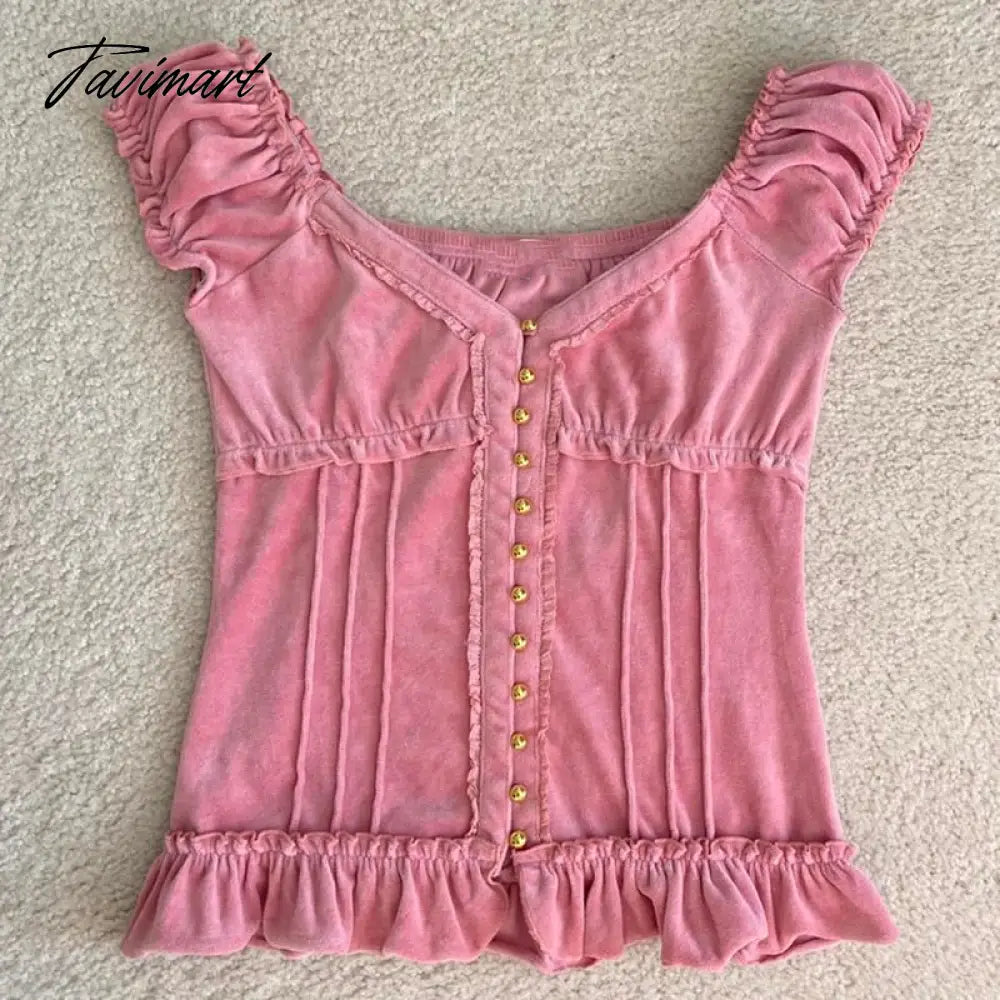 Y2K Kawaii Milkmaid Crop Top Button Ruffles Trim Lace Up T-shirt Women Retro Fairycore Grunge Pullovers Tees Clothes