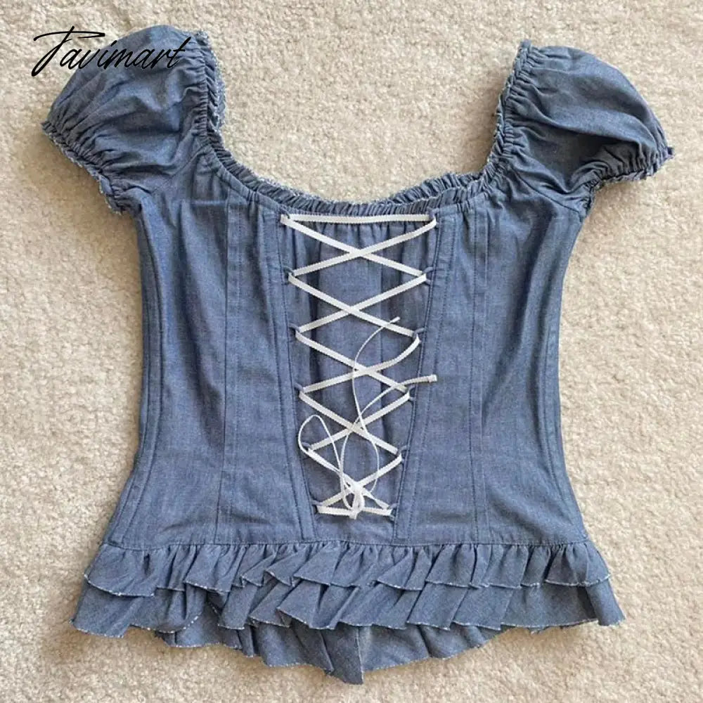Y2K Kawaii Milkmaid Crop Top Button Ruffles Trim Lace Up T-shirt Women Retro Fairycore Grunge Pullovers Tees Clothes