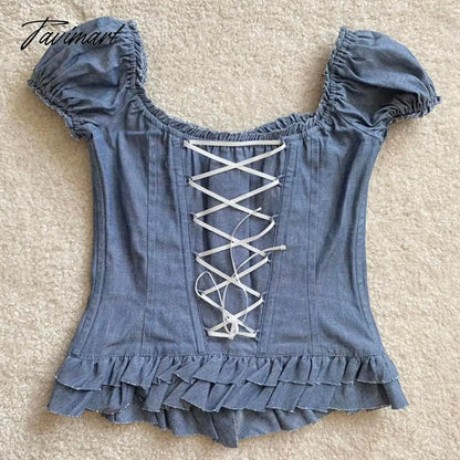 Y2K Kawaii Milkmaid Crop Top Button Ruffles Trim Lace Up T-shirt Women Retro Fairycore Grunge Pullovers Tees Clothes