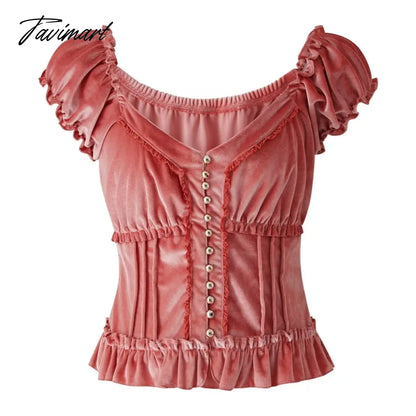 Y2K Kawaii Milkmaid Crop Top Button Ruffles Trim Lace Up T-shirt Women Retro Fairycore Grunge Pullovers Tees Clothes