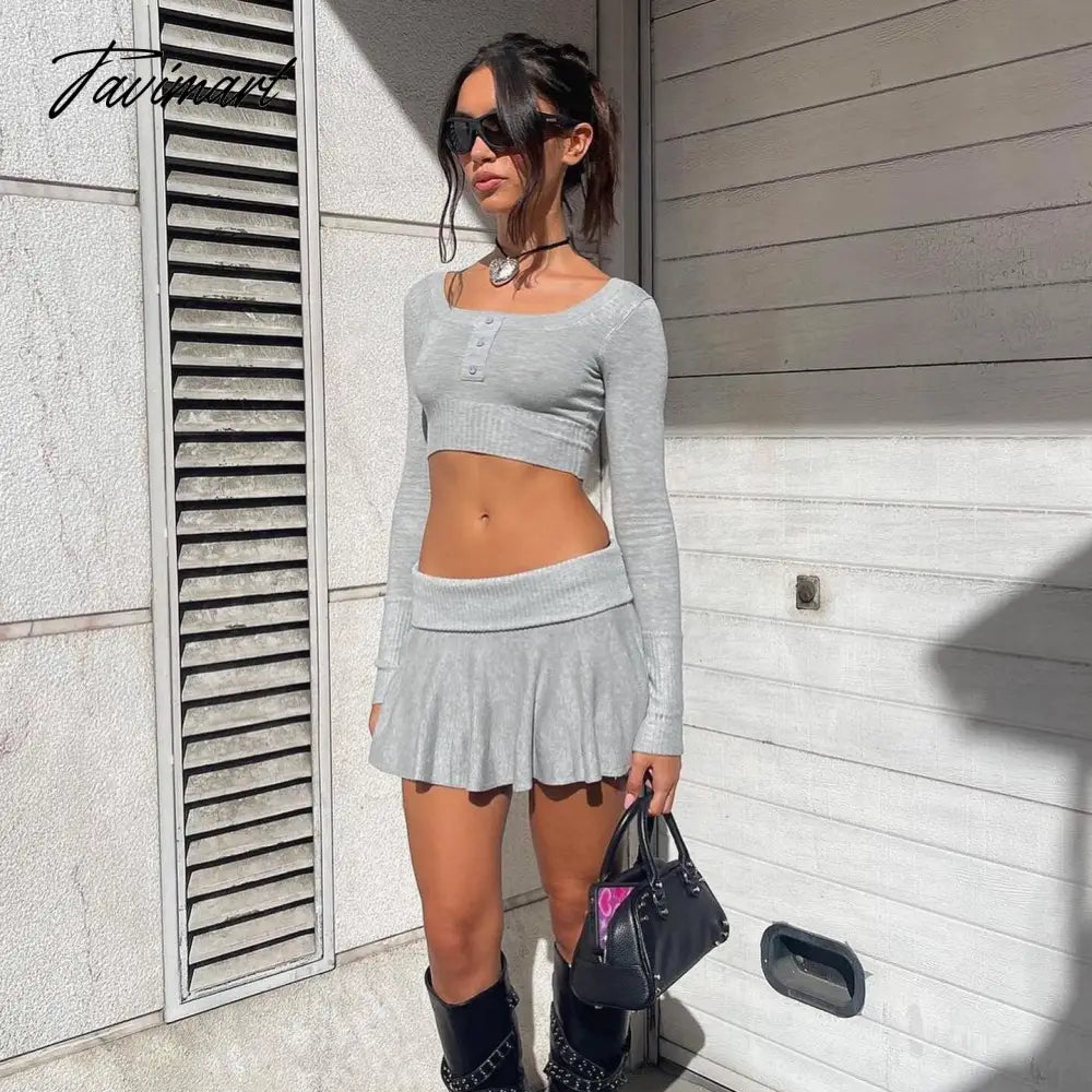 Y2k Knit Skirt Sets For Women Two Piece Dress Set 90s E-Girls Long Sleeve Crop Top And Mini Skirt Womens 2 Piece Outfits
