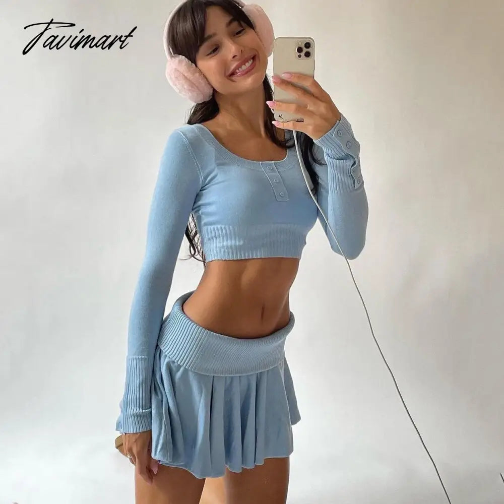 Y2k Knit Skirt Sets For Women Two Piece Dress Set 90s E-Girls Long Sleeve Crop Top And Mini Skirt Womens 2 Piece Outfits