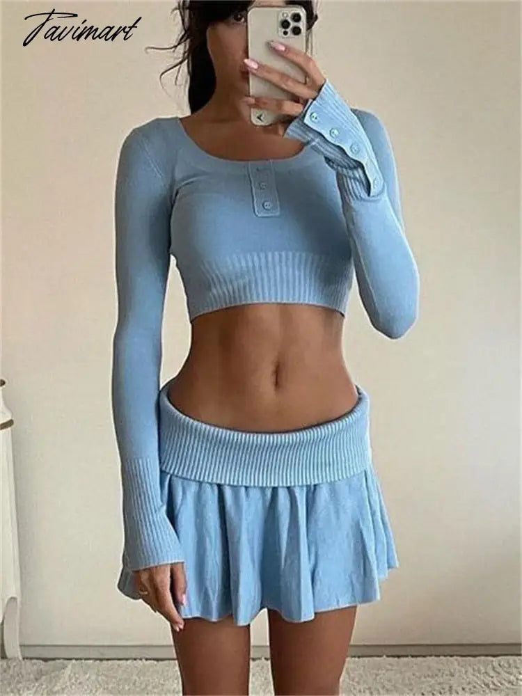 Y2k Knit Skirt Sets For Women Two Piece Dress Set 90s E-Girls Long Sleeve Crop Top And Mini Skirt Womens 2 Piece Outfits
