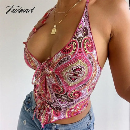 Y2K Paisley Print Halter Top Sexy Women V Neck Backless Off Shoulder Bandage Ruched Cropped Top Summer Boho Vintage Tanks Vest