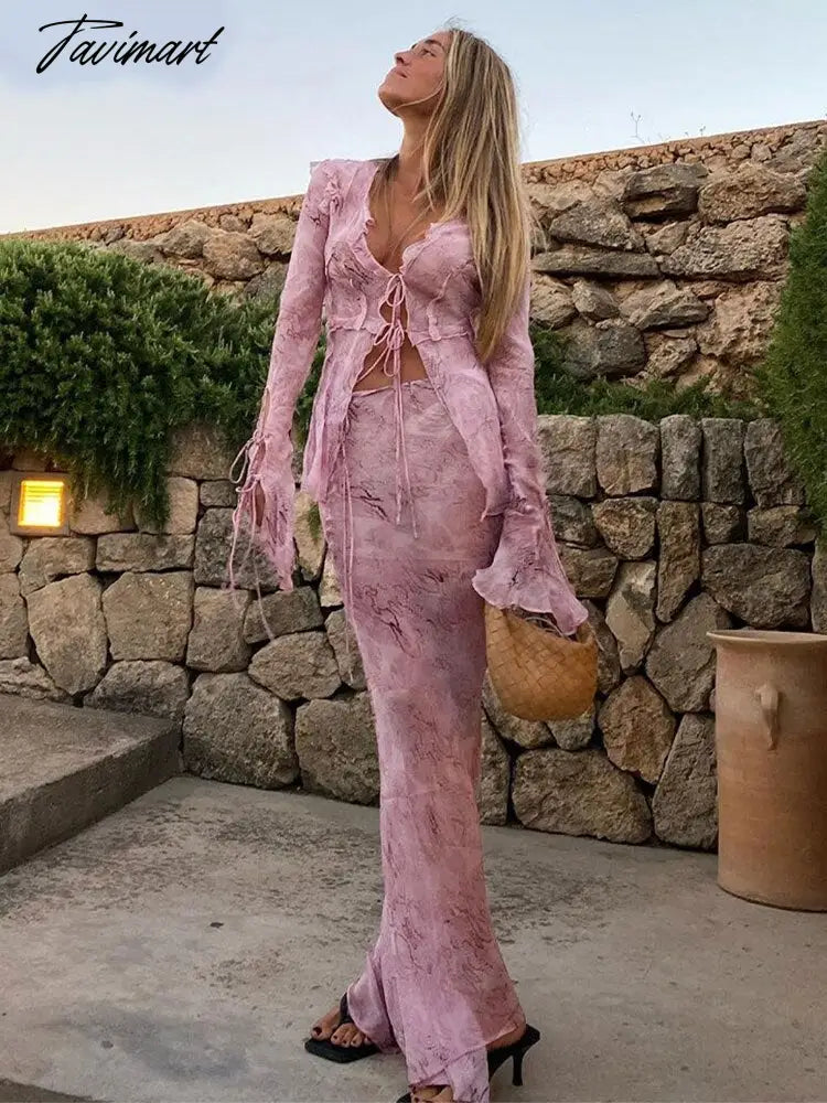 Y2K Style Sexy Pink Front Open Wood Ear Edge Lace-up Printed Top Summer High Waist Long Dress Bikini Cover Ups A2586