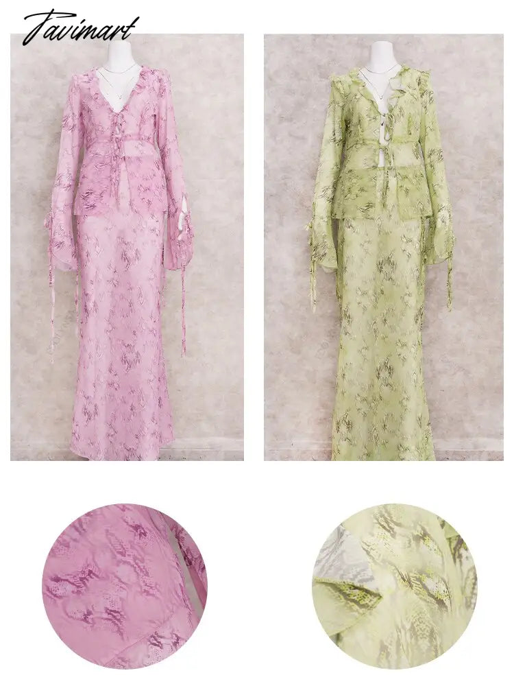 Y2K Style Sexy Pink Front Open Wood Ear Edge Lace-up Printed Top Summer High Waist Long Dress Bikini Cover Ups A2586