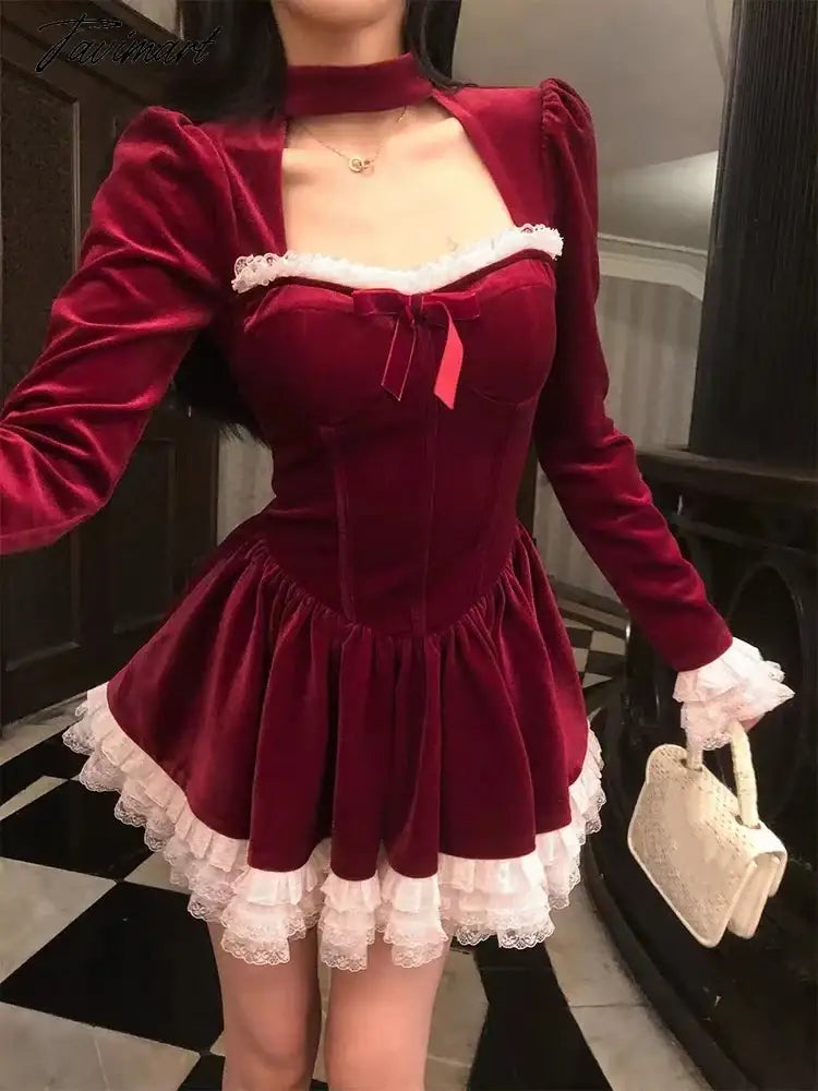 Y2K Velvet Mini Dress Women Lace Ruffles Patchwork Square Collar Autumn Spring Christmas Party A-line Princess Vestidos Mujer