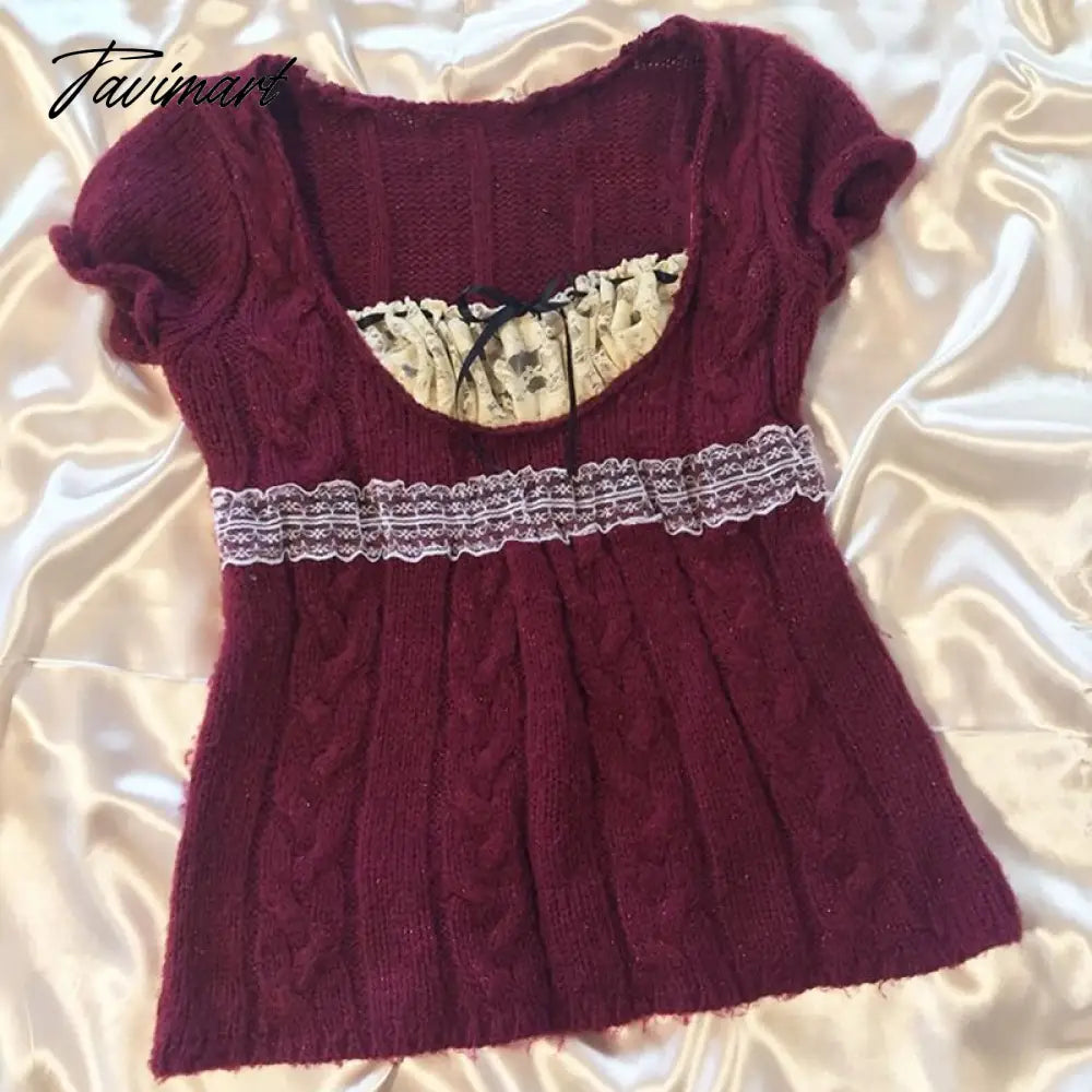 Y2K Vintage Kink Knitted Crop Top Lace Trim Square Collar Milkmaid Top Retro Aesthetic Fairy T-shirt Women Clothes