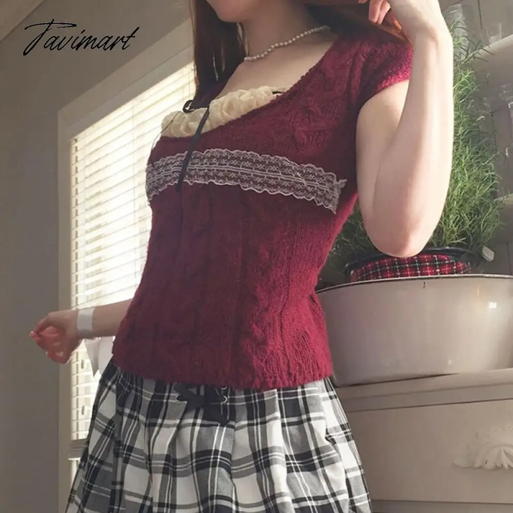 Y2K Vintage Kink Knitted Crop Top Lace Trim Square Collar Milkmaid Top Retro Aesthetic Fairy T-shirt Women Clothes