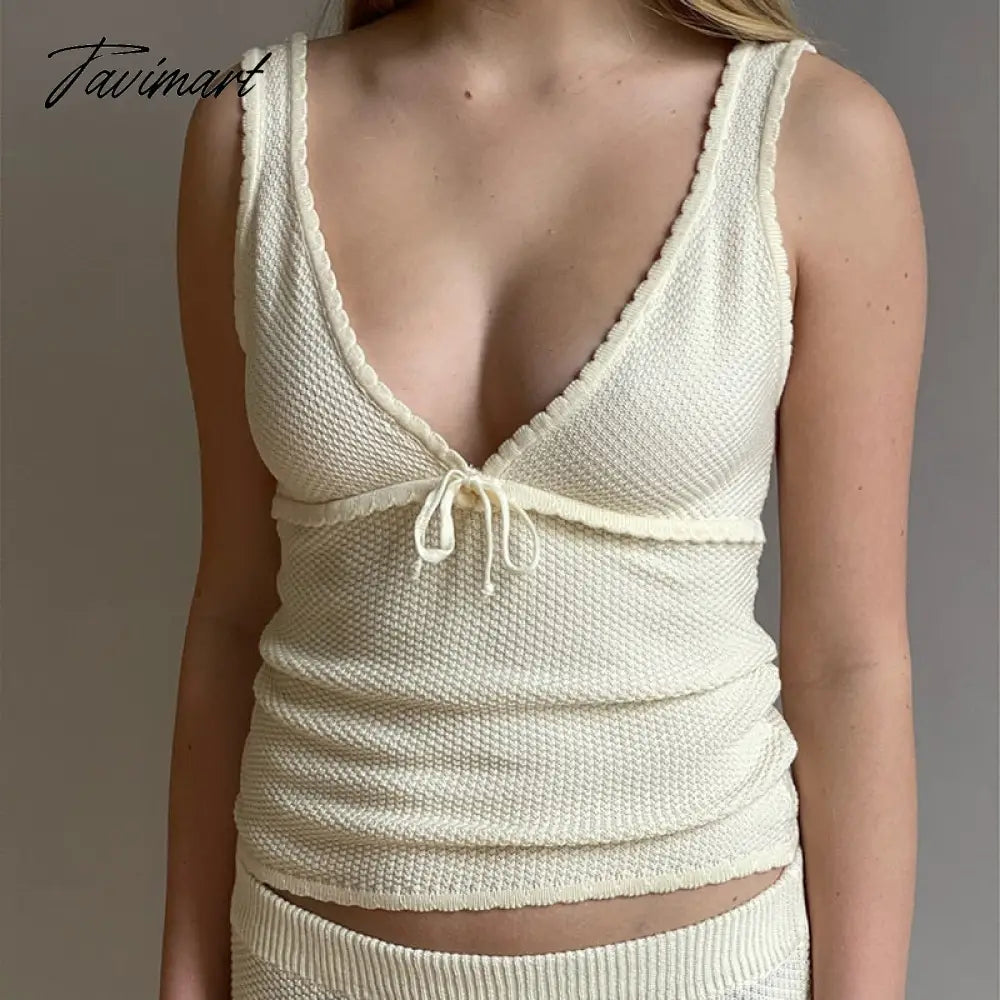 Y2K Vintage Knitted Edge V Neck Tank Tops Cute Bow Slim Fit Vest 2000s Retro Aesthetic Chic Women Backless Crop Tops