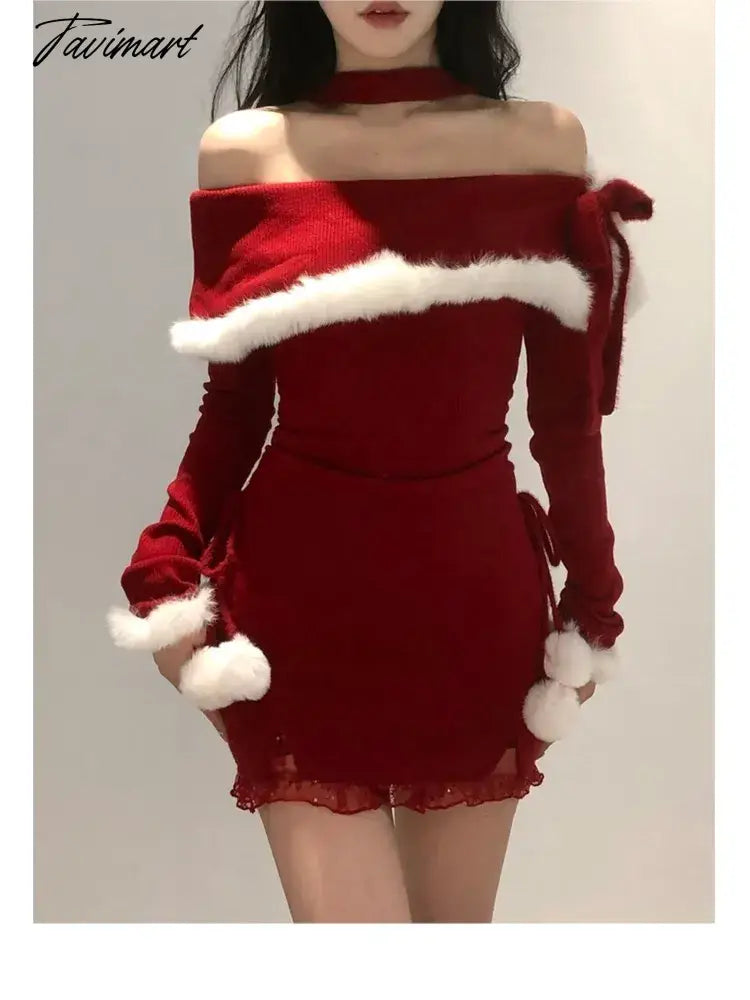 Y2K Winter Christmas Party Dress Women Sexy Slash Neck Off Shoulder Faux Fur Patchwork Female Wrap Hip Slim Knitted Dresses New