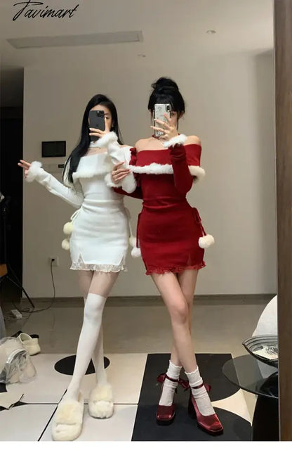 Y2K Winter Christmas Party Dress Women Sexy Slash Neck Off Shoulder Faux Fur Patchwork Female Wrap Hip Slim Knitted Dresses New
