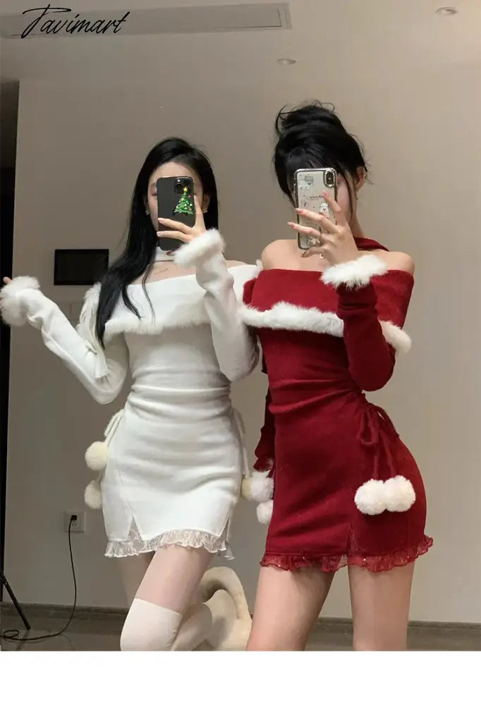 Y2K Winter Christmas Party Dress Women Sexy Slash Neck Off Shoulder Faux Fur Patchwork Female Wrap Hip Slim Knitted Dresses New