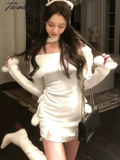 Y2K Winter Christmas Party Dress Women Sexy Slash Neck Off Shoulder Faux Fur Patchwork Female Wrap Hip Slim Knitted Dresses New