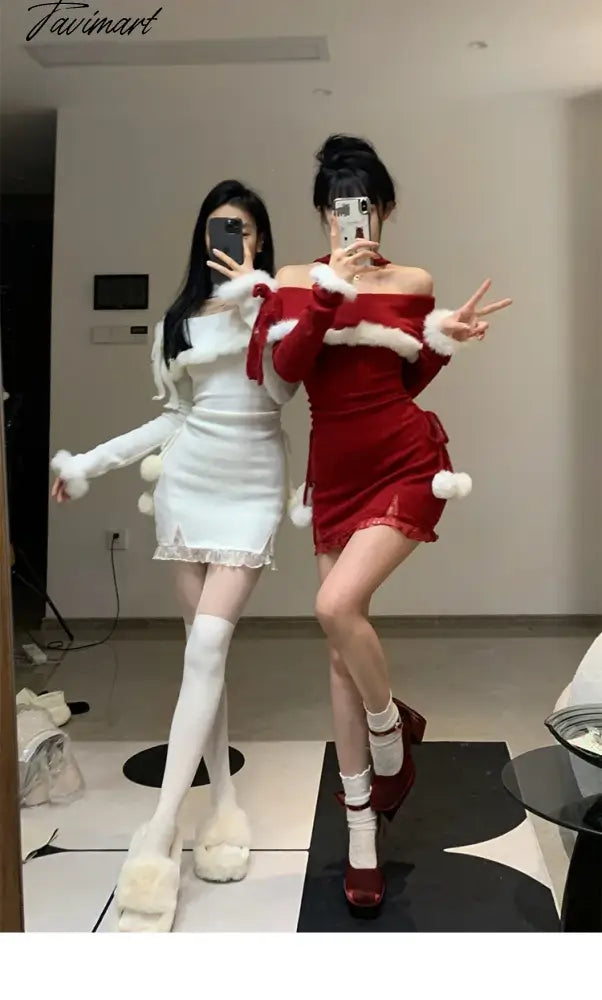 Y2K Winter Christmas Party Dress Women Sexy Slash Neck Off Shoulder Faux Fur Patchwork Female Wrap Hip Slim Knitted Dresses New